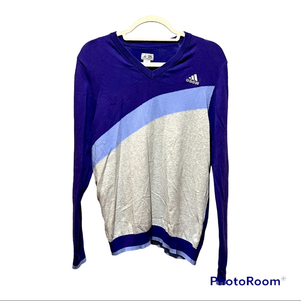 ADIDAS MEN'S SIZE LARGE PURPLE GRAY DESIGN FRONT CREW NECK SWEATER